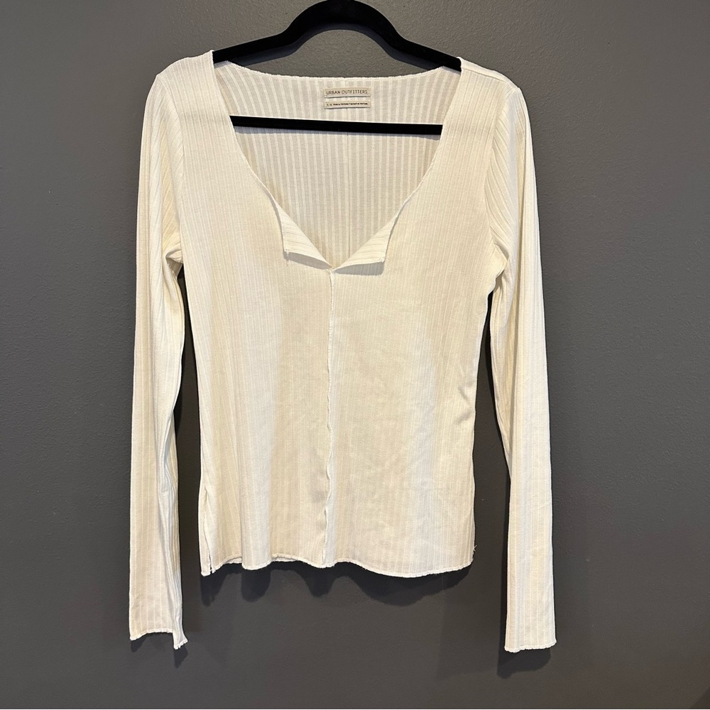 Urban Outfitters Ivory Ribbed V-Neck Blouse